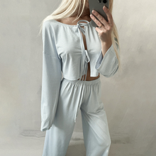 Load image into Gallery viewer, Striped Wide Leg Lace Up Pajama Set