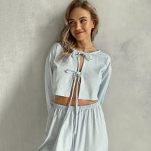 Load image into Gallery viewer, Striped Wide Leg Lace Up Pajama Set
