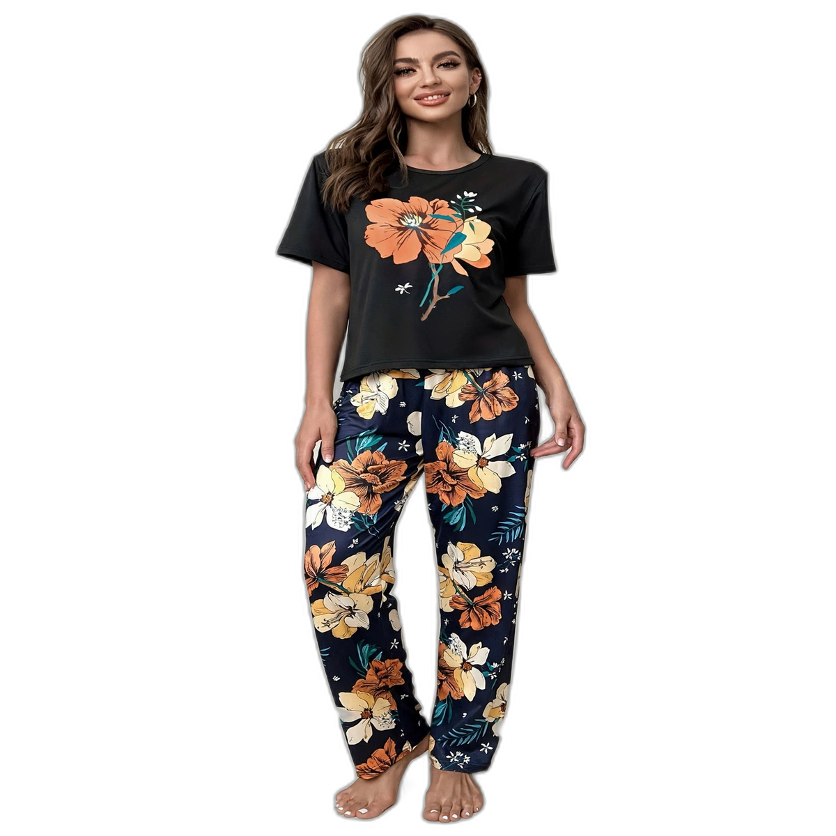 Women's Flower Print Short-Sleeve Pajama Set