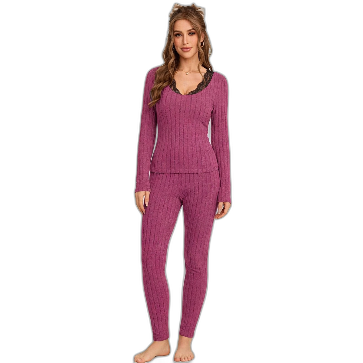 Ribbed Lace Slim-Fit Pajama Set