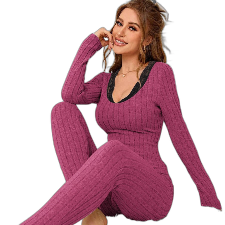 Ribbed Lace Slim-Fit Pajama Set