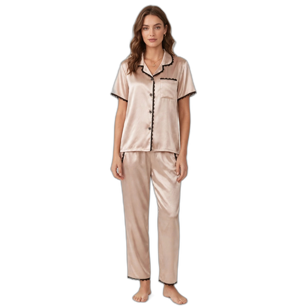 Champagne Lace Trim Short Sleeve Pajama Set