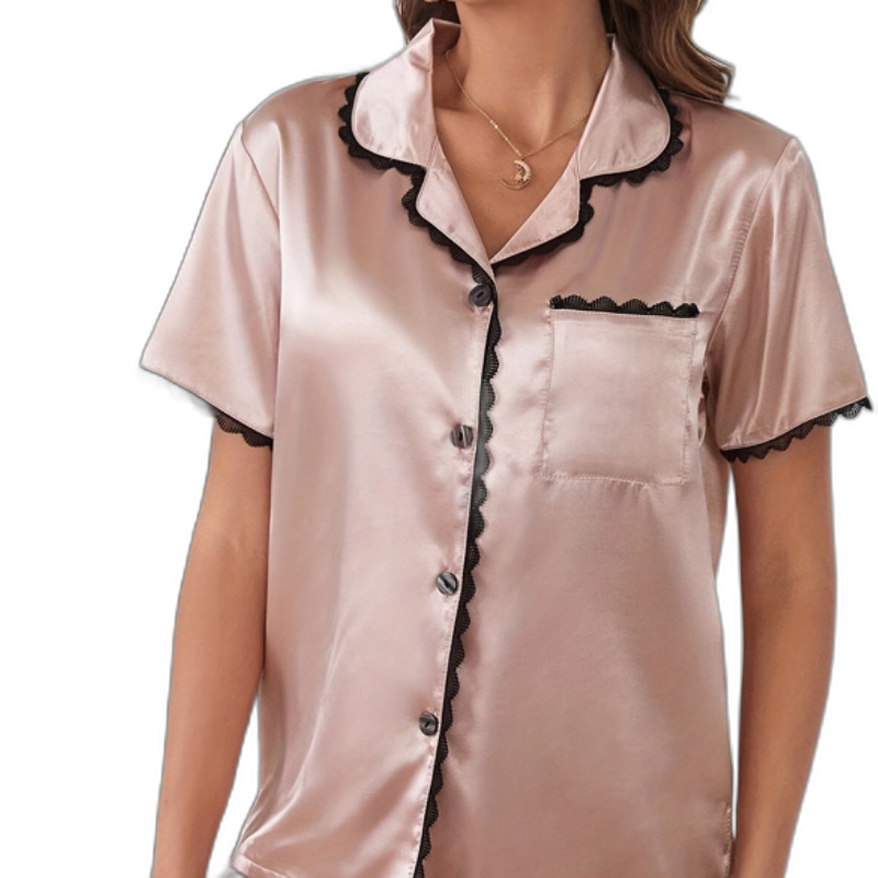 Champagne Lace Trim Short Sleeve Pajama Set