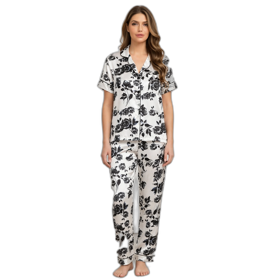 Black Rose Print Short Sleeve Pajama Set