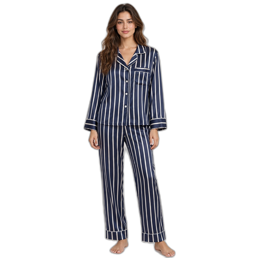 Blue & White Vertical Stripe Silk Pajama Set