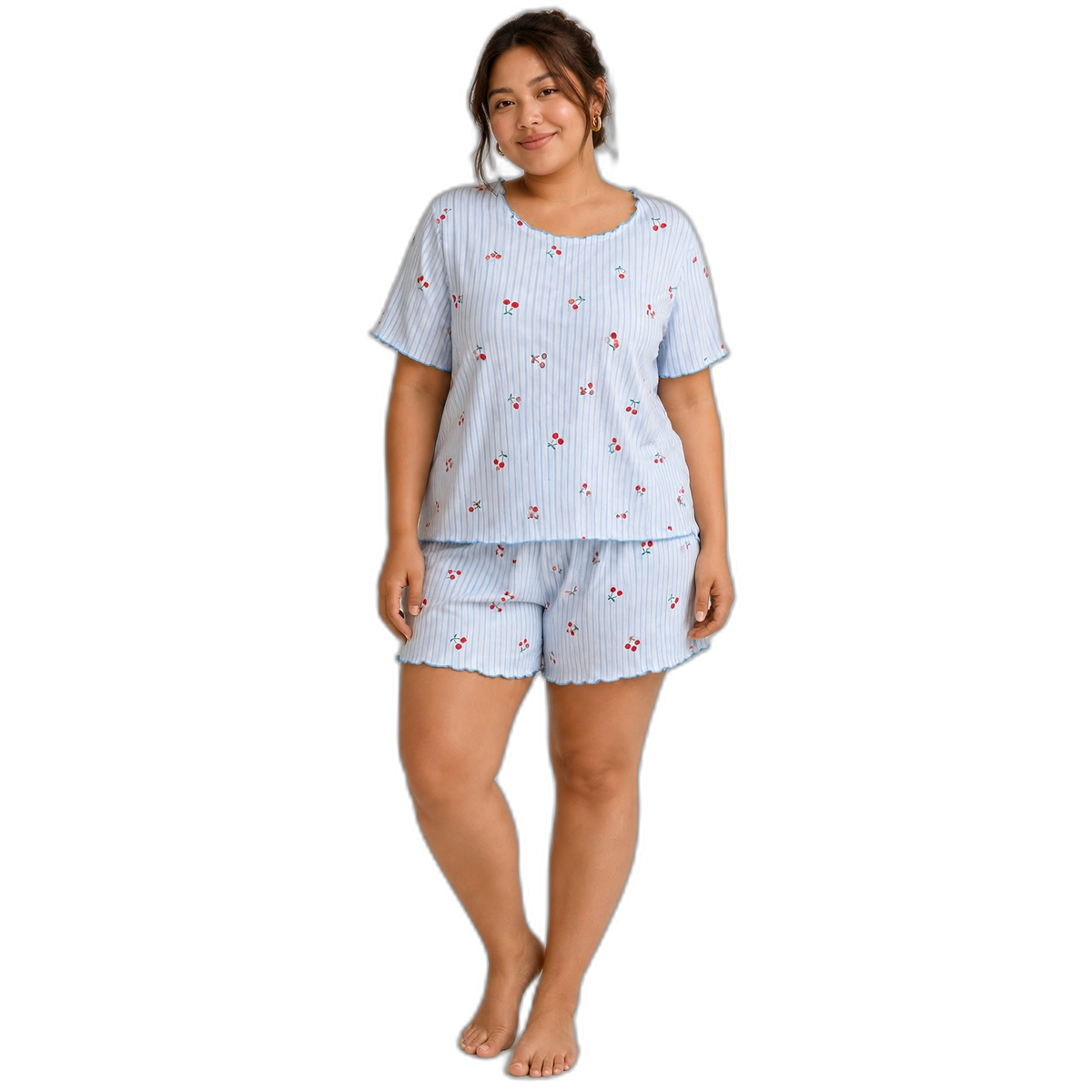 Blue Cherry Stripe Plus Size Ribbed Pajama Shorts Set