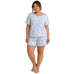 Blue Cherry Stripe Plus Size Ribbed Pajama Shorts Set