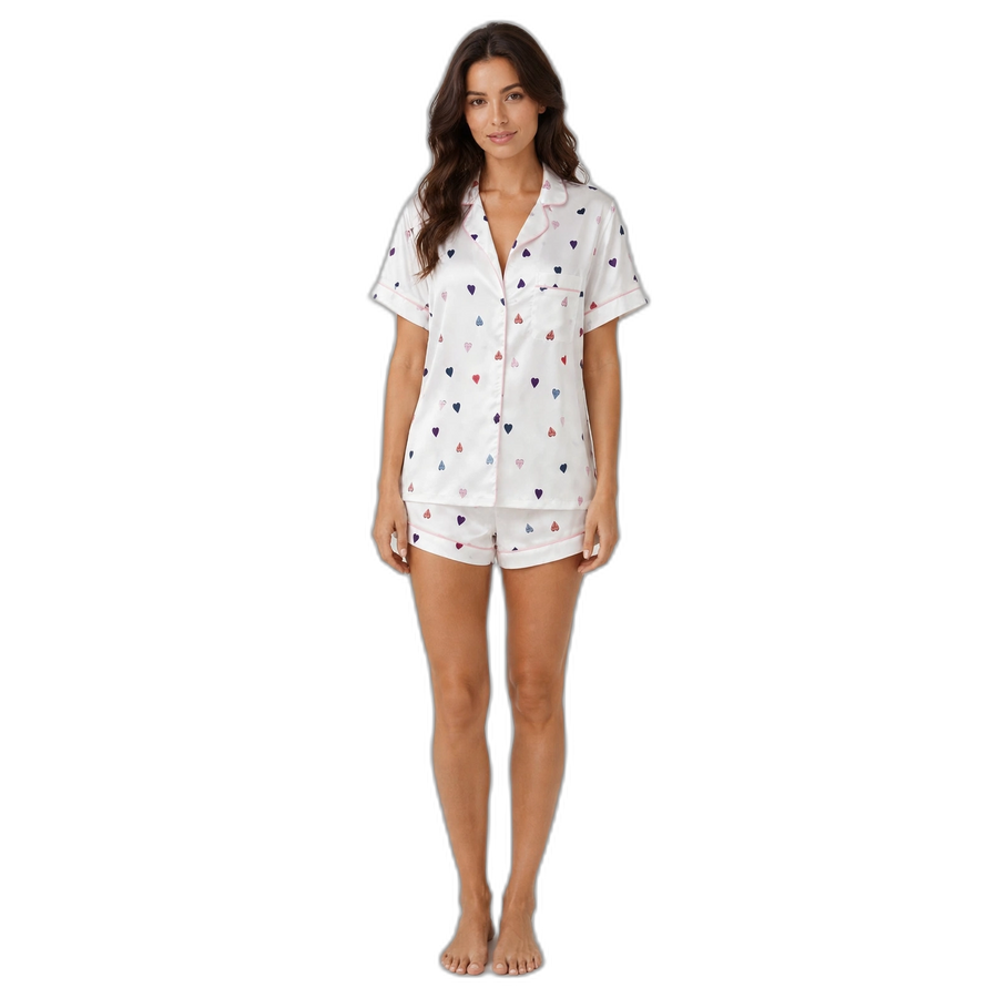 Colorful Hearts Satin Pajama Shorts Set – White