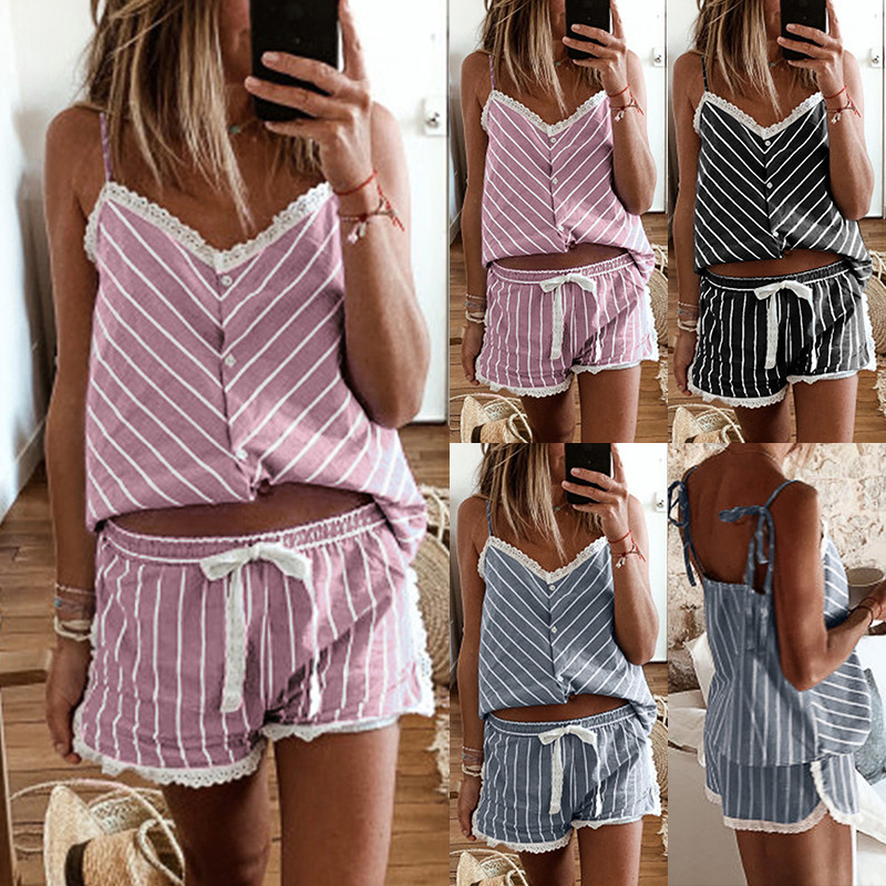 Women's Summer Lace-Trim Vest Shorts Pajama Set