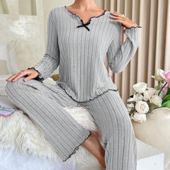 Women's V-Neck Striped Winter Pajama Set - front view