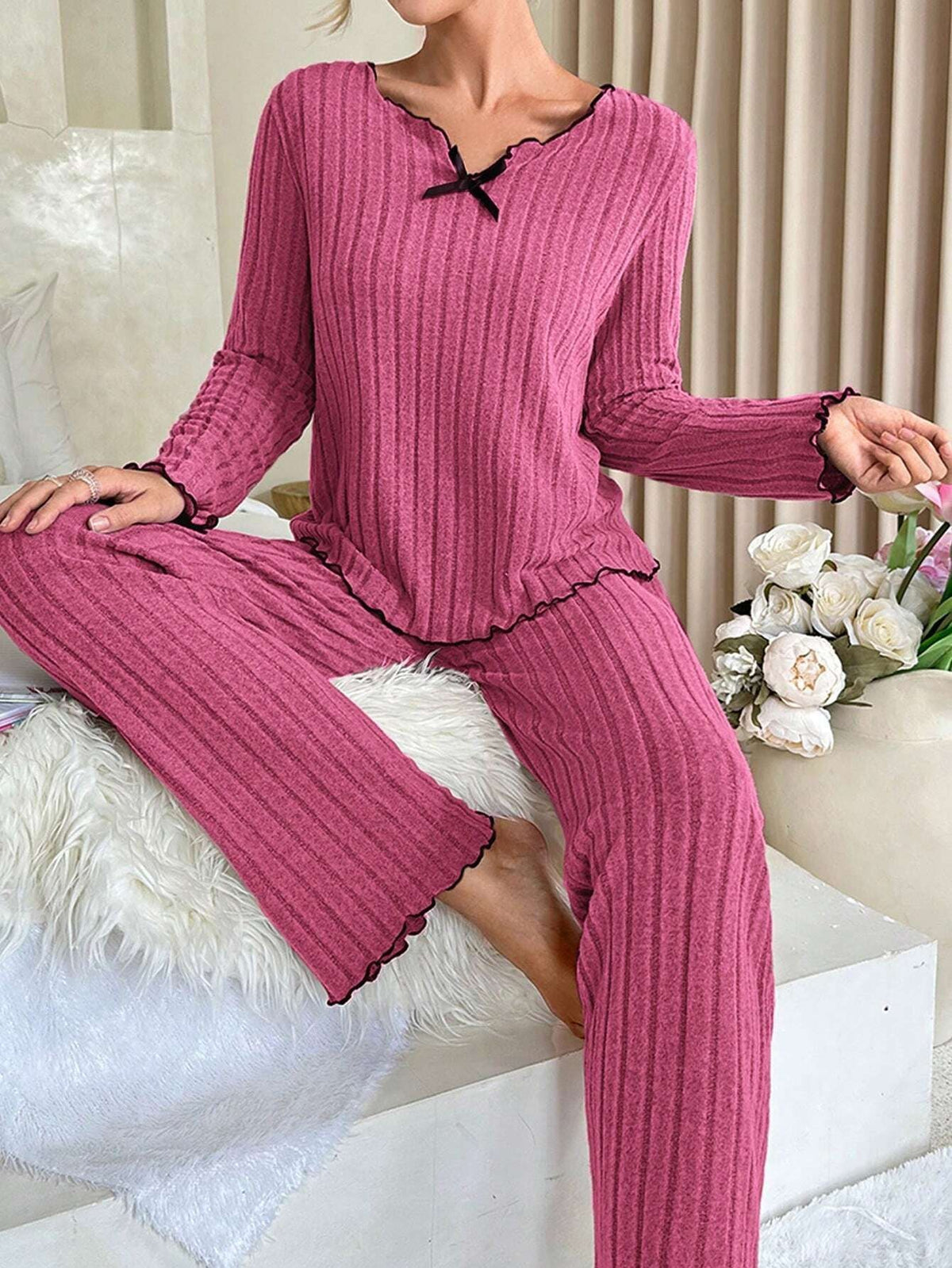Women's V-Neck Striped Winter Pajama Set - back view