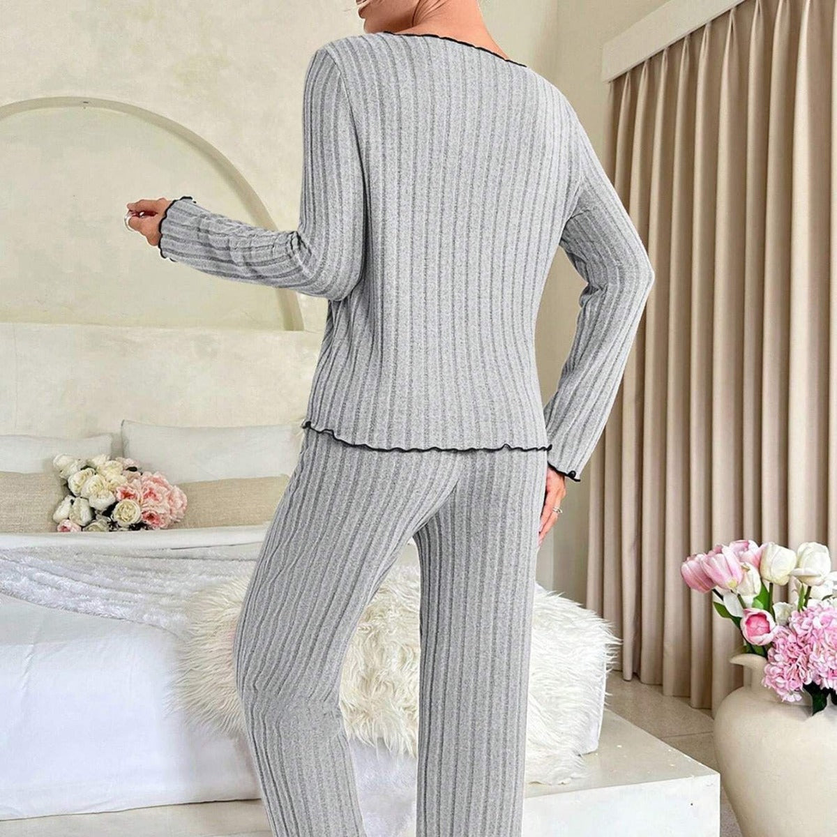 Women's V-Neck Striped Winter Pajama Set - model wearing