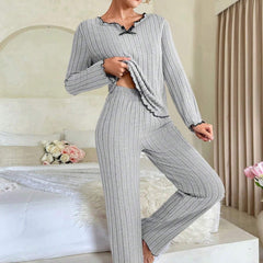 Women's V-Neck Striped Winter Pajama Set - side view
