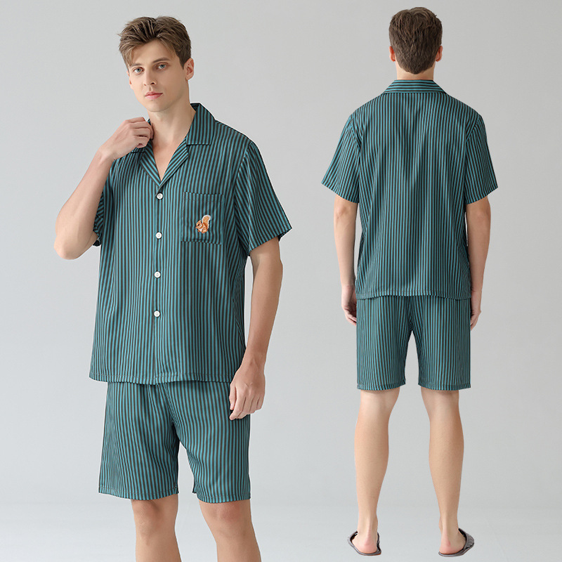 Men's Green Vertical Stripe Short-Sleeve Pajama Set