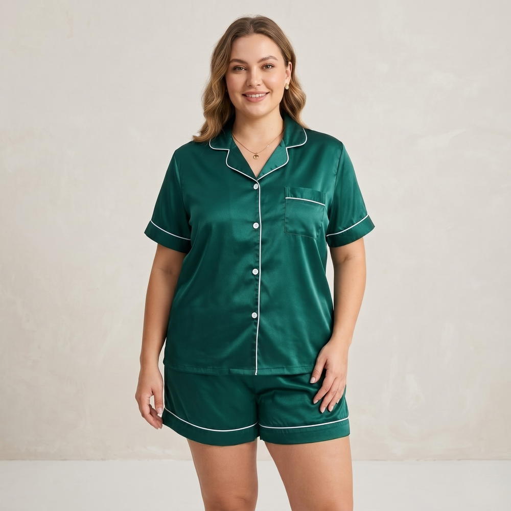 Emerald Luxe Plus Size Satin Pajama Shorts Set
