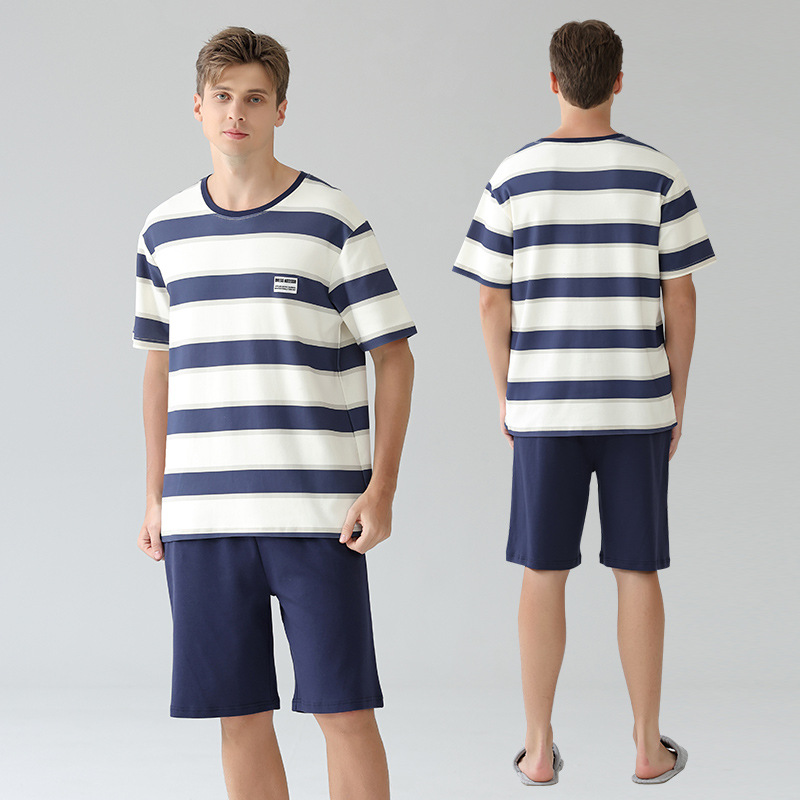 Men's Blue Stripe Cotton Pajama Shorts Set