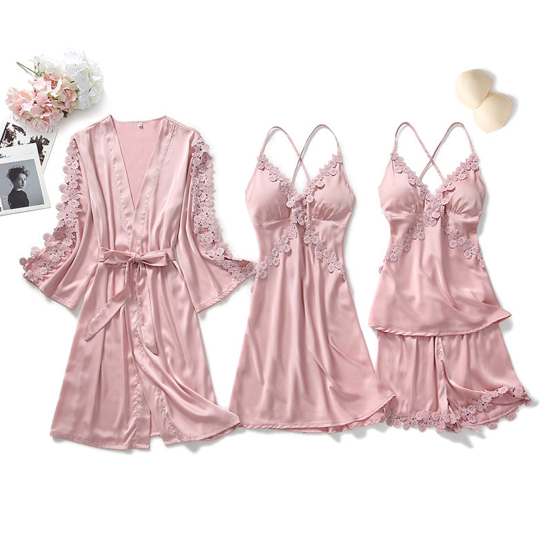 4-Piece Pink Silk Nightgown, Cover-Up & Shorts Set