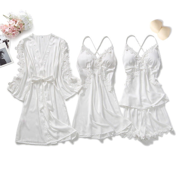 4-Piece White Silk Nightgown, Cover-Up & Shorts Set