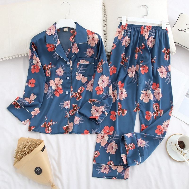 Blue & Pink Floral Silk Pajama Set