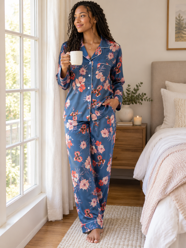 Blue & Pink Floral Silk Pajama Set