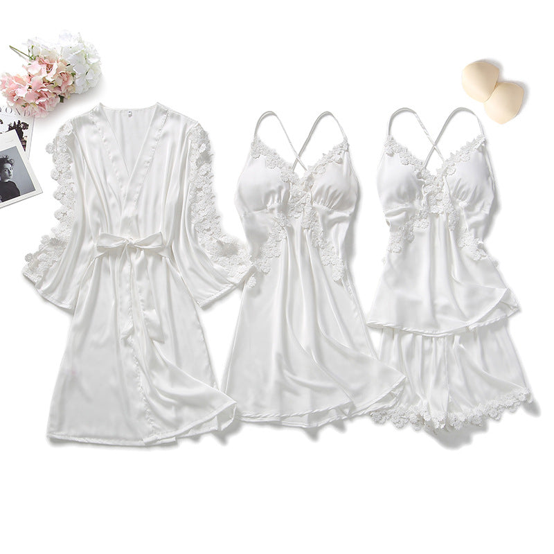 4-Piece White Silk Nightgown, Cover-Up & Shorts Set