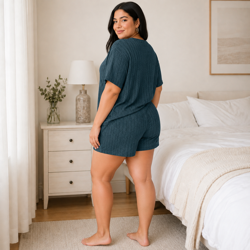 Minimal Heart Plus Size Ribbed Pajama Shorts Set – Dusty Blue