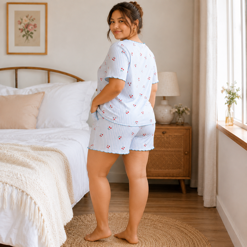 Blue Cherry Stripe Plus Size Ribbed Pajama Shorts Set