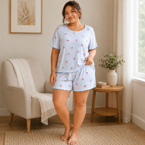 Blue Cherry Stripe Plus Size Ribbed Pajama Shorts Set