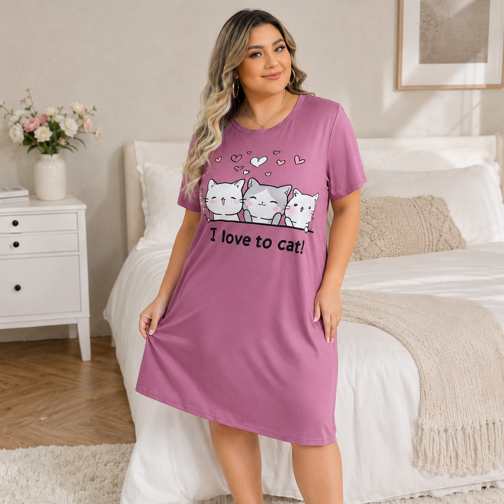 Women's Plus Size Hot Pink Cartoon Cat Nightgown