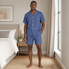 Load image into Gallery viewer, Cool Blue Striped Men’s Short Sleeve Pajama Set
