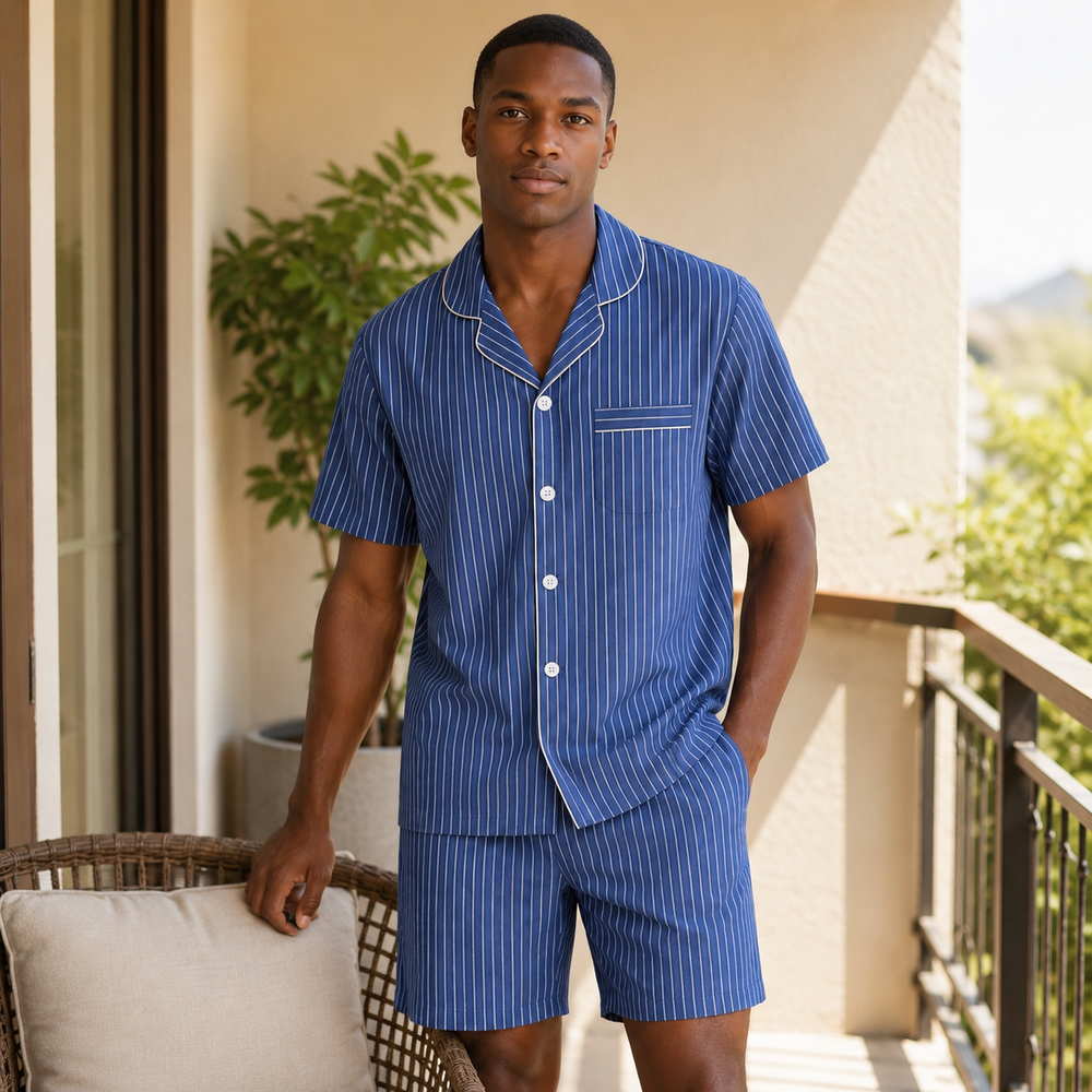 Men's Cool Blue Striped Short Sleeve Pajama Set