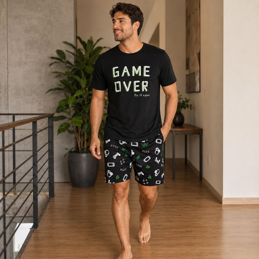Game Over Men’s Graphic Pajama Shorts Set – Black