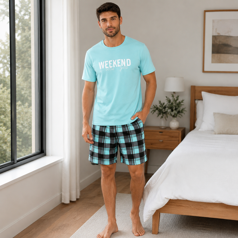 Men's Weekend Comfort Letter Print Pajama Shorts Set
