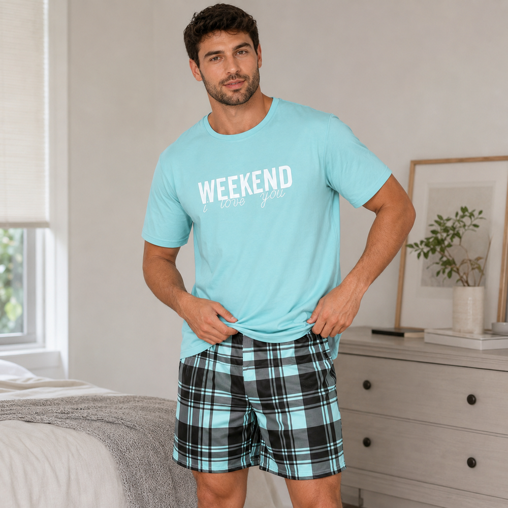 Men's Weekend Comfort Letter Print Pajama Shorts Set