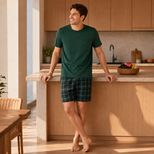 Men’s Plaid Pocket Pajama Set – 2 Piece Short Sleeve Sleepwear