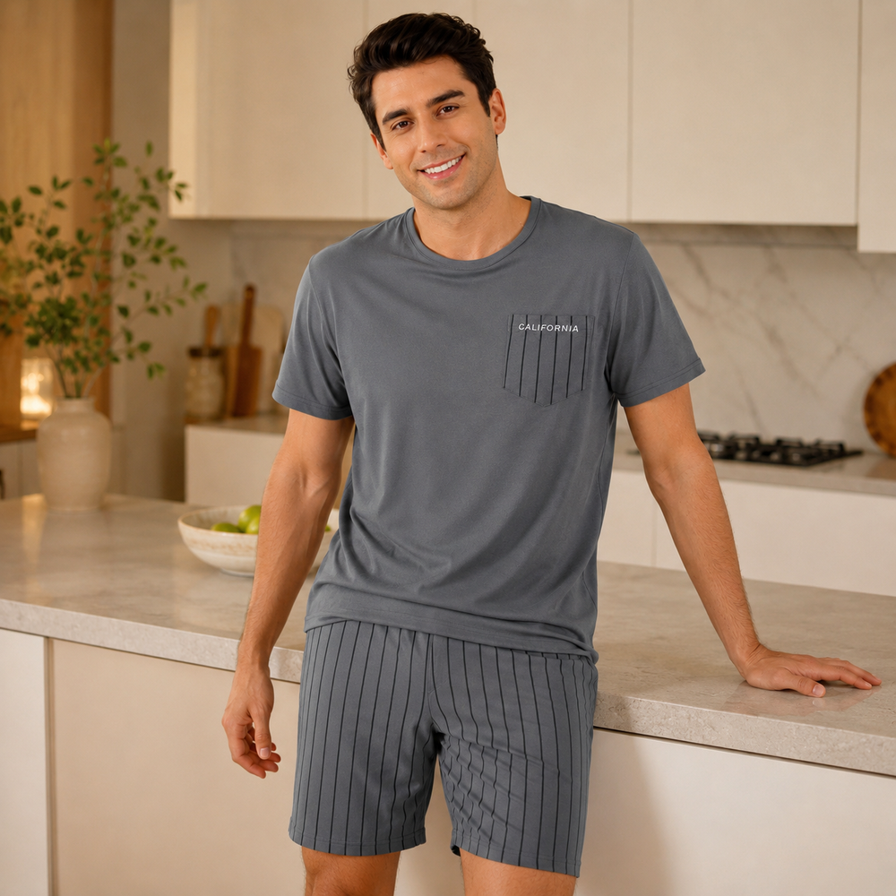 Men’s Grey Striped Pocket Pajama Shorts Set