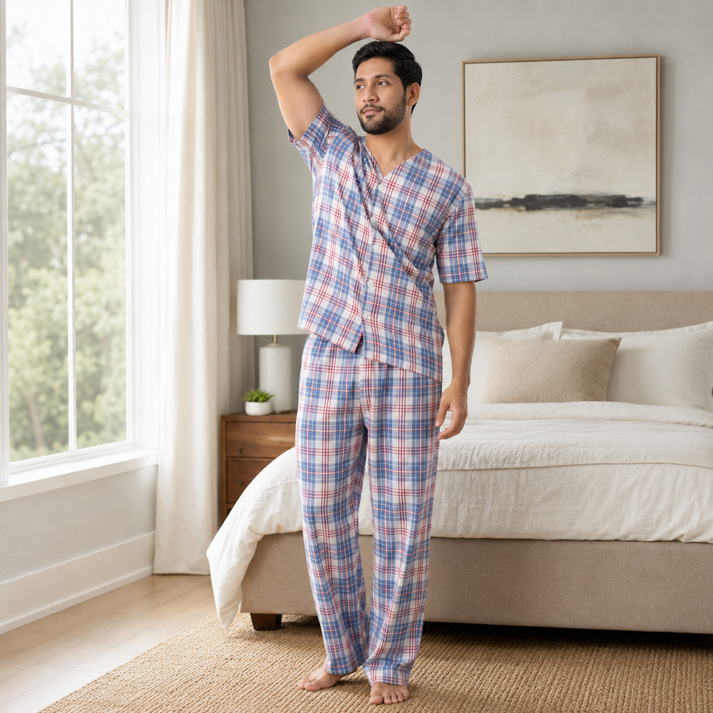 Men’s Navy White Check Broadcloth Pajama Set