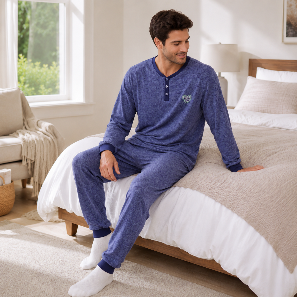 Men’s Navy Melange Henley Collar Pajama Set