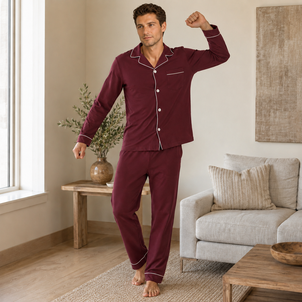 Men's Navy Cotton Button-Up Pajama Set