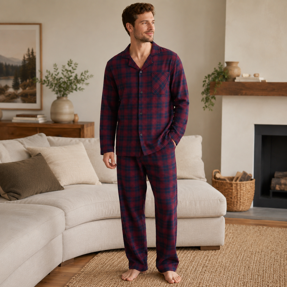Men’s Plaid Cotton Flannel Button-Down Pajama Set
