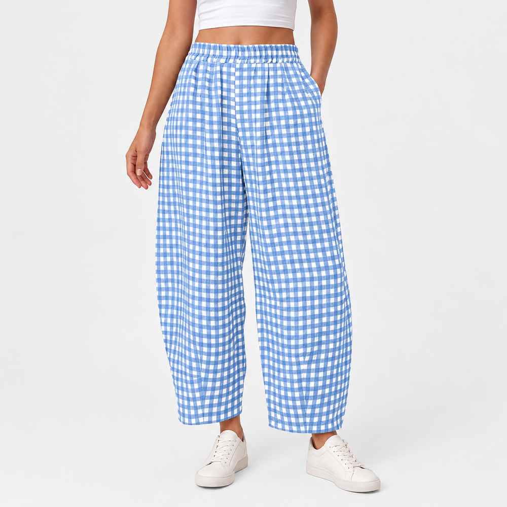 Women’s Gingham Check Barrel-Leg Pants with Elastic Waist & Pockets