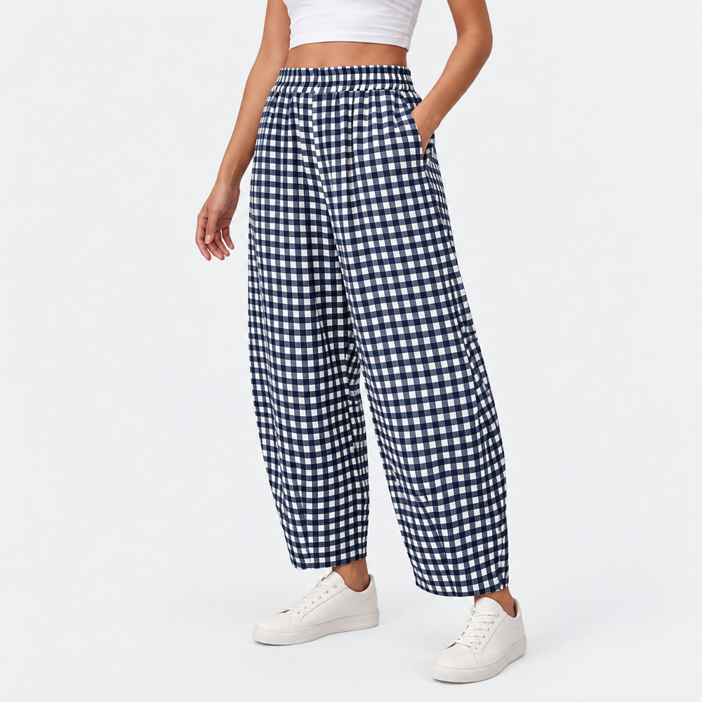 Women’s Gingham Check Barrel-Leg Pants with Elastic Waist & Pockets
