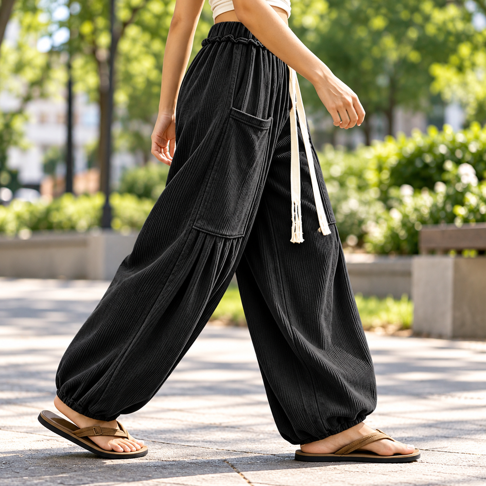 Women’s Ribbed Wide-Leg Cargo Pants with Drawstring Waist & Pockets