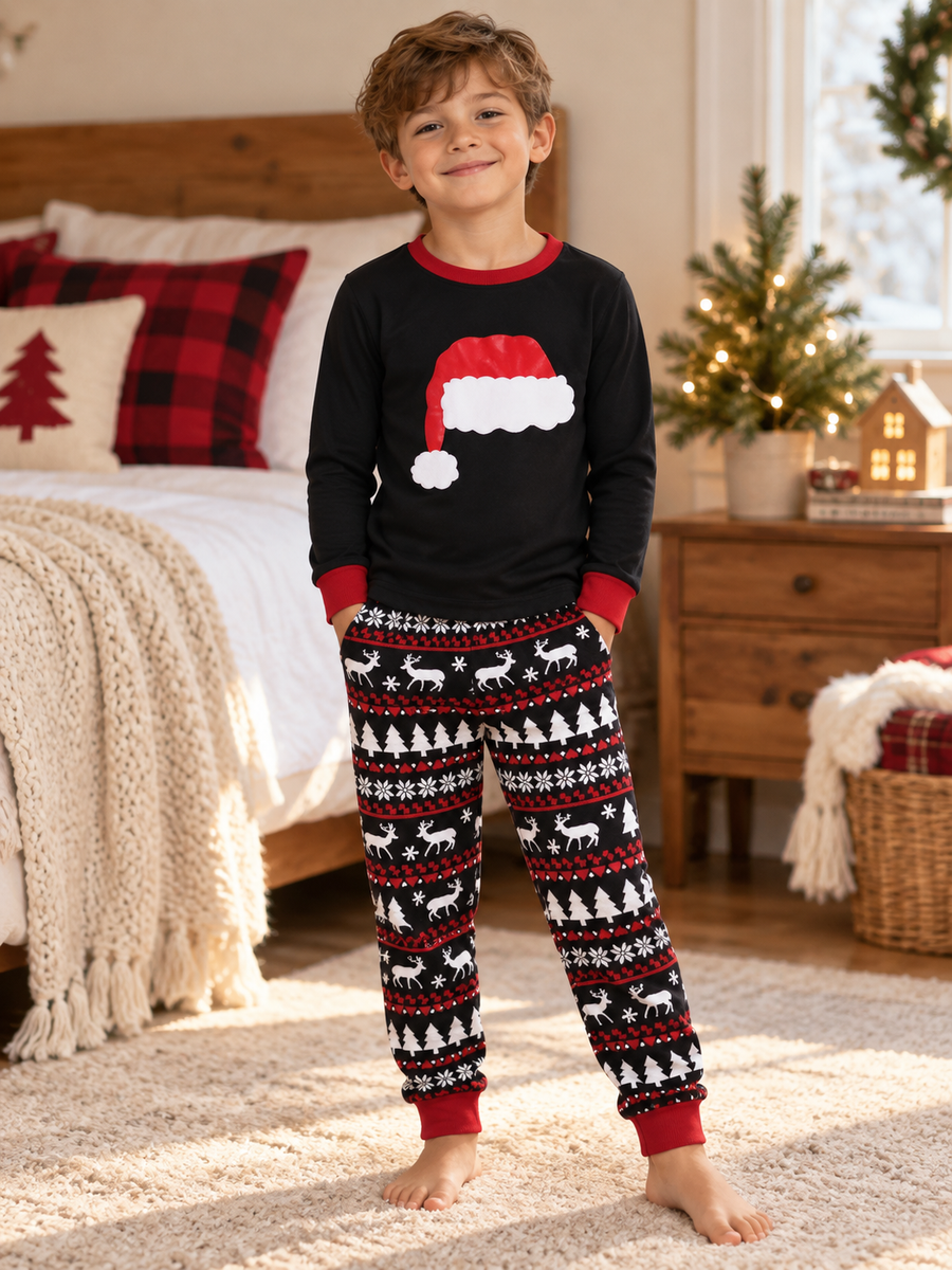 Boy's Christmas Hat Print Pajama Set