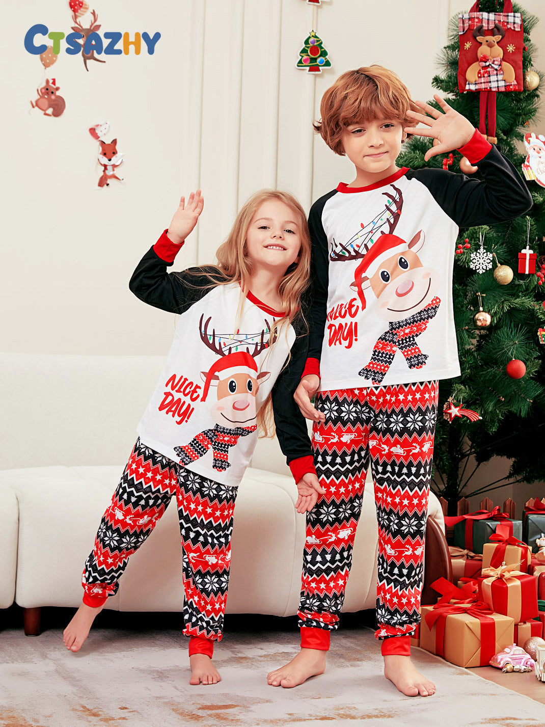 Christmas Deer Print Long Sleeve Parent-Child Pajamas - model wearing