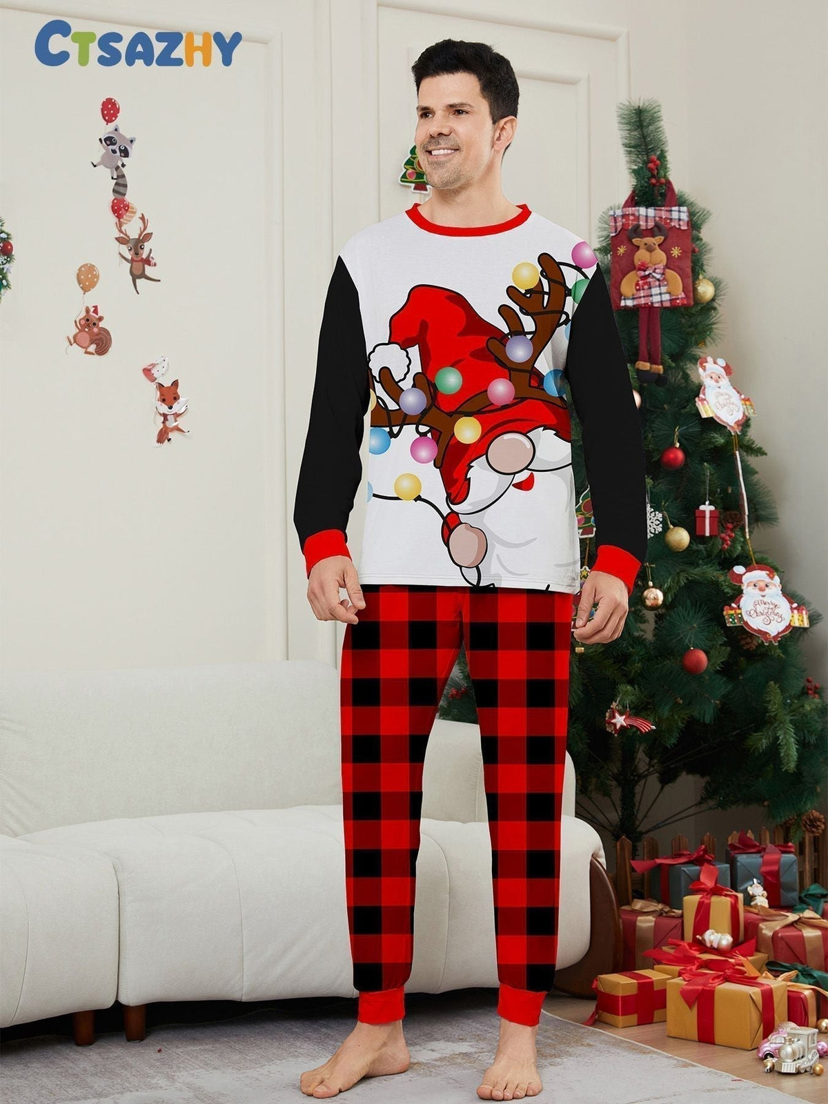 White-Beard Santa Parent-Child Long-Sleeve Pajamas - fabric detail