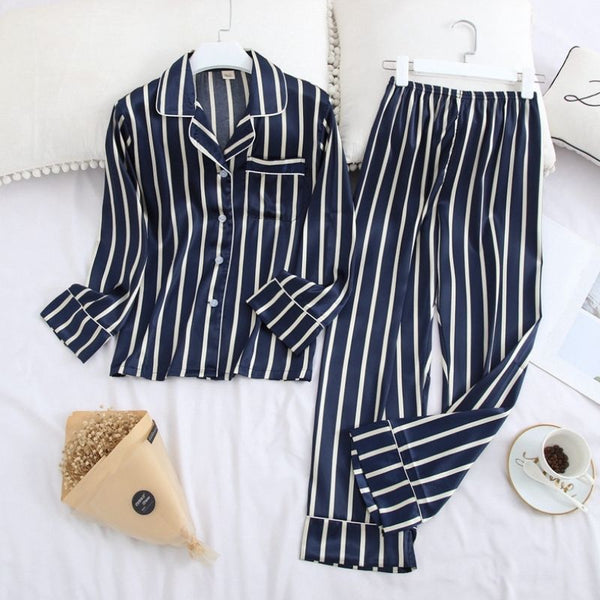 Blue & White Vertical Stripe Silk Pajama Set