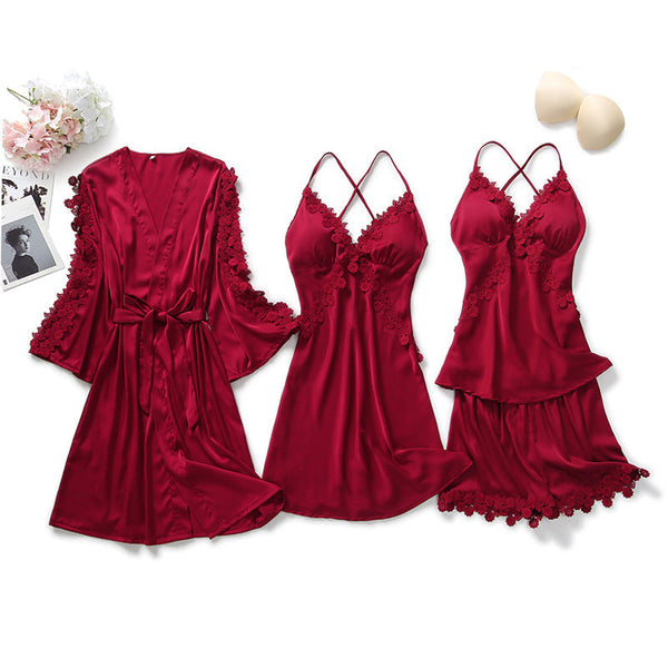 4-Piece Burgundy Silk Nightgown, Cover-Up & Shorts Set