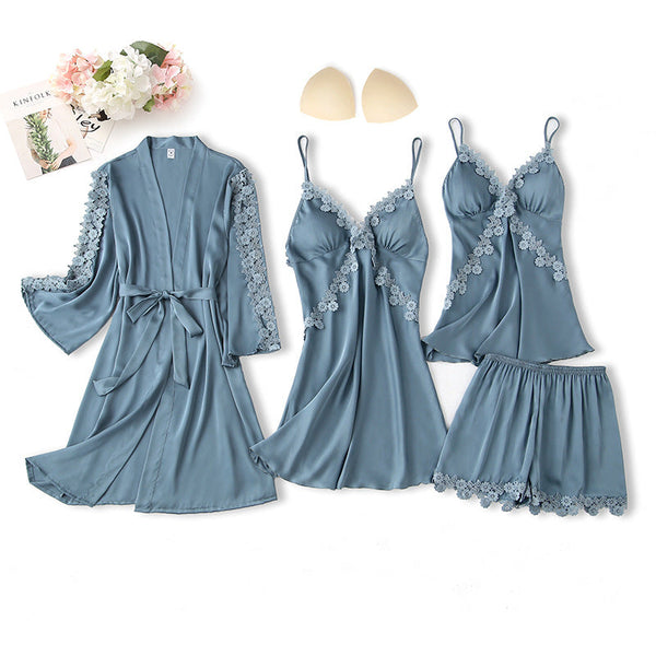 4-Piece Grey Silk Nightgown, Cover-Up & Shorts Set