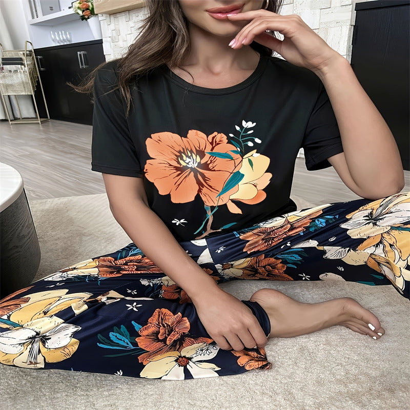Women's Flower Print Short-Sleeve Pajama Set - model wearing